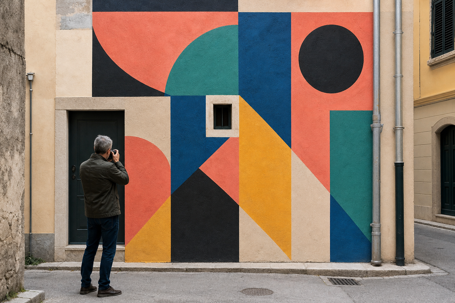 Fotograf poravnava kadar s rubovima geometrijskog murala