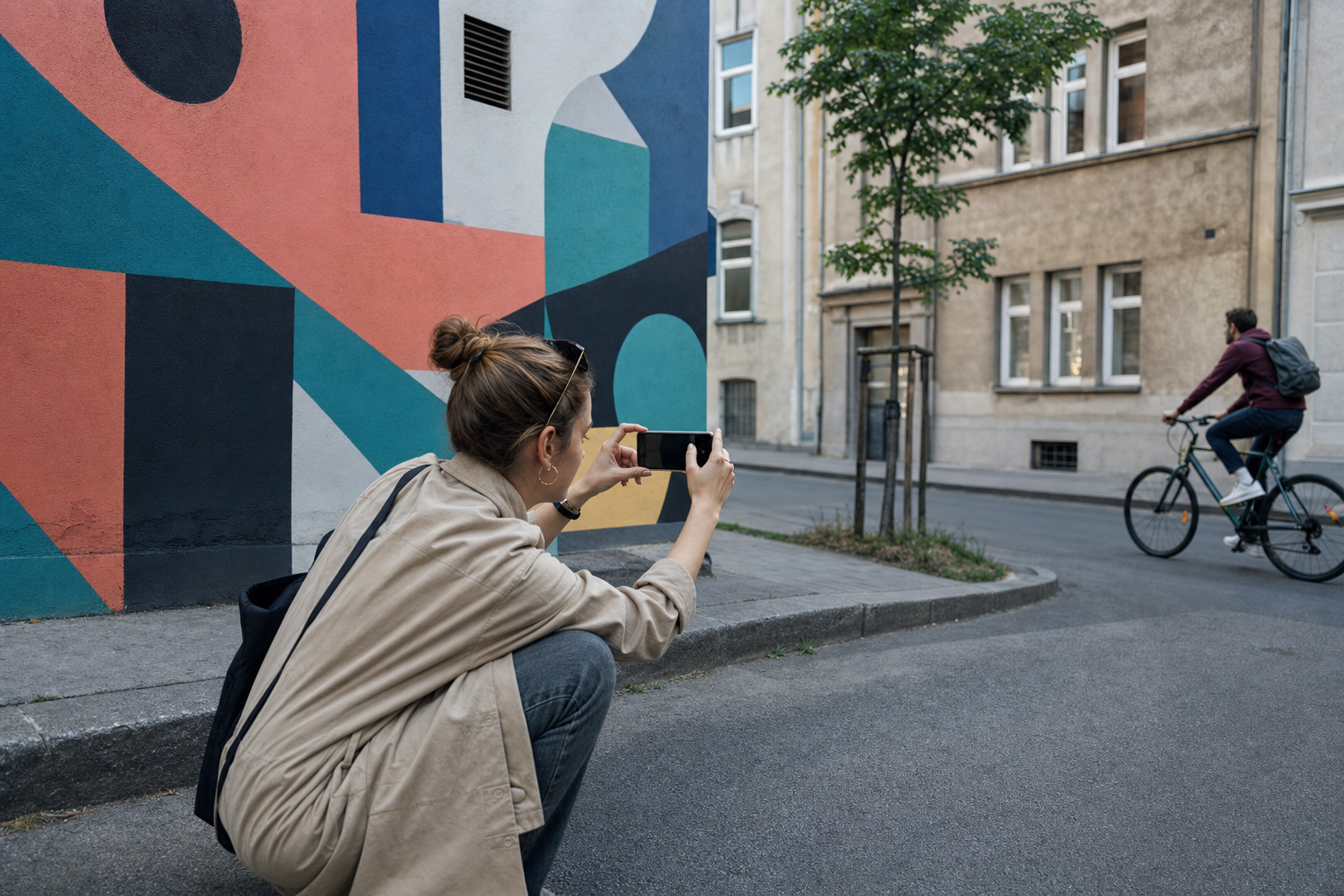 Fotografkinja mobitelom uključuje biciklista u kadar murala