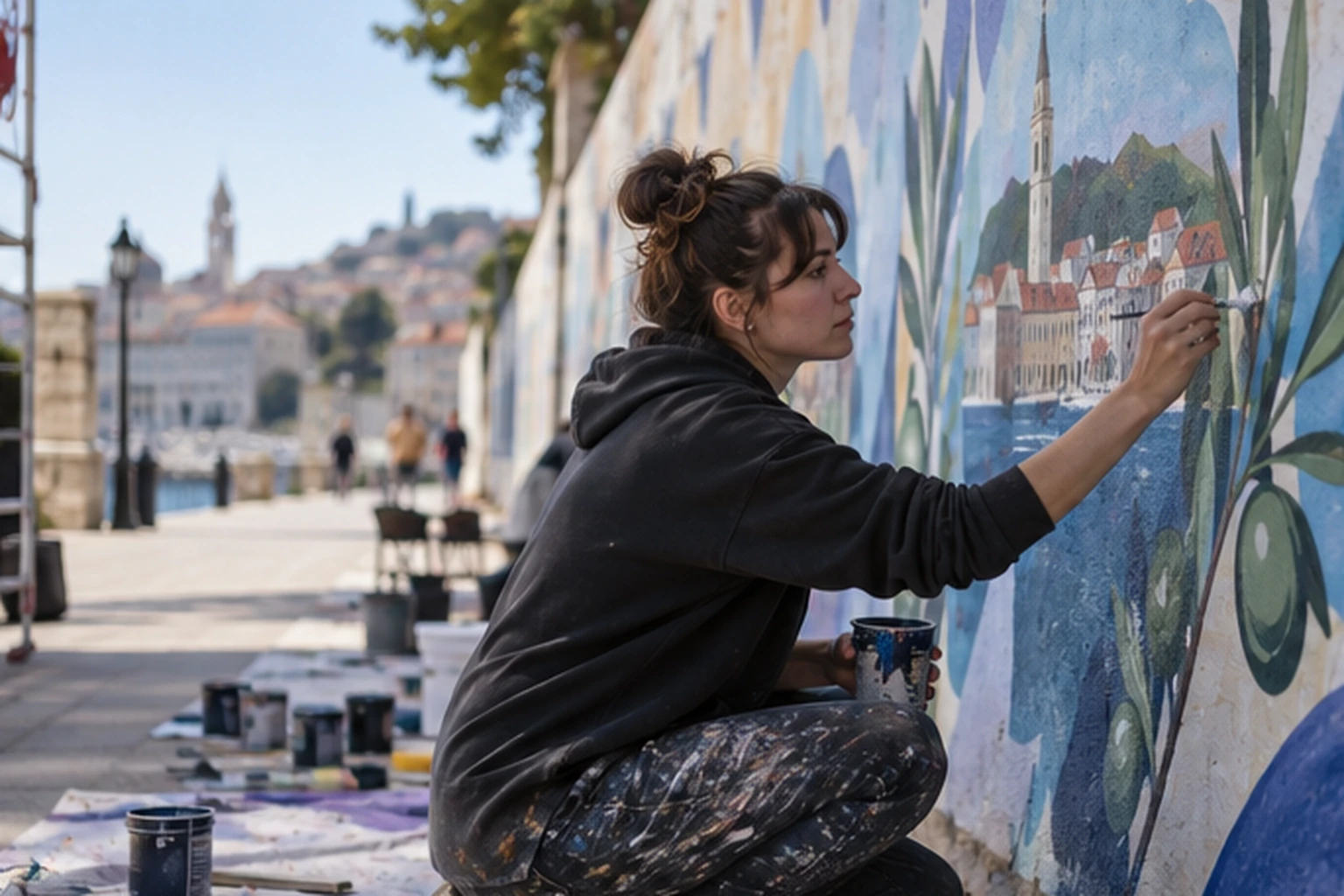 Ulični umjetnik izrađuje skicu slova uz legalni mural
