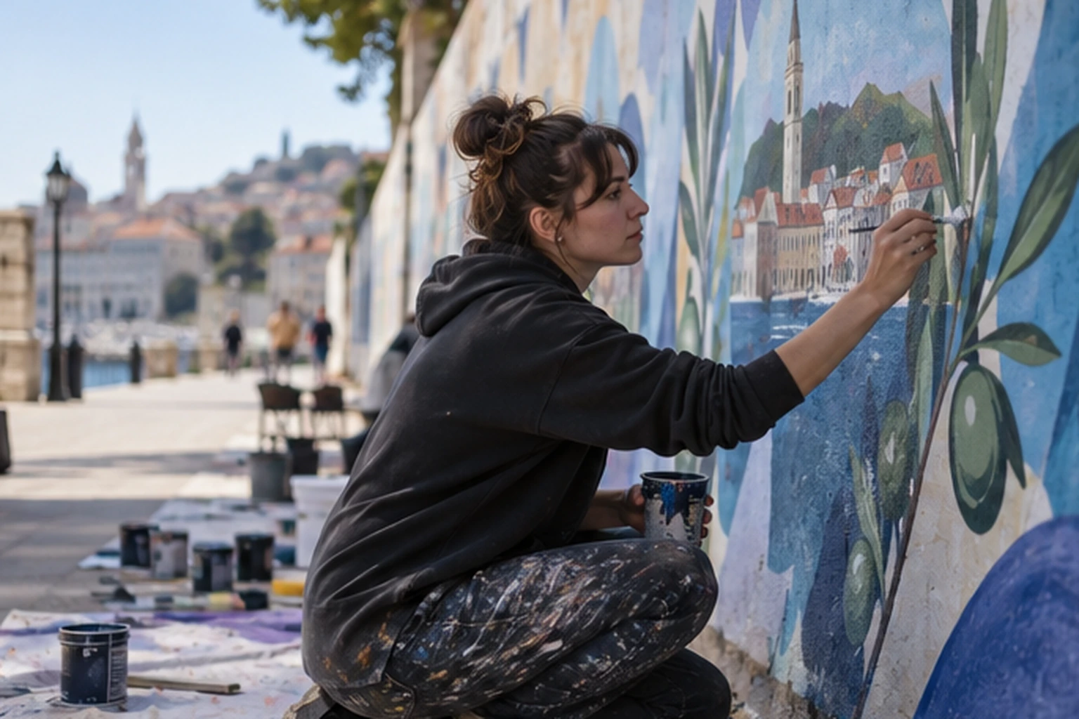 Ulični umjetnik izrađuje skicu slova uz legalni mural