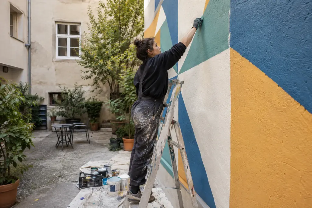Osoba oslikava geometrijski motiv na zidu gradskog dvorišta
